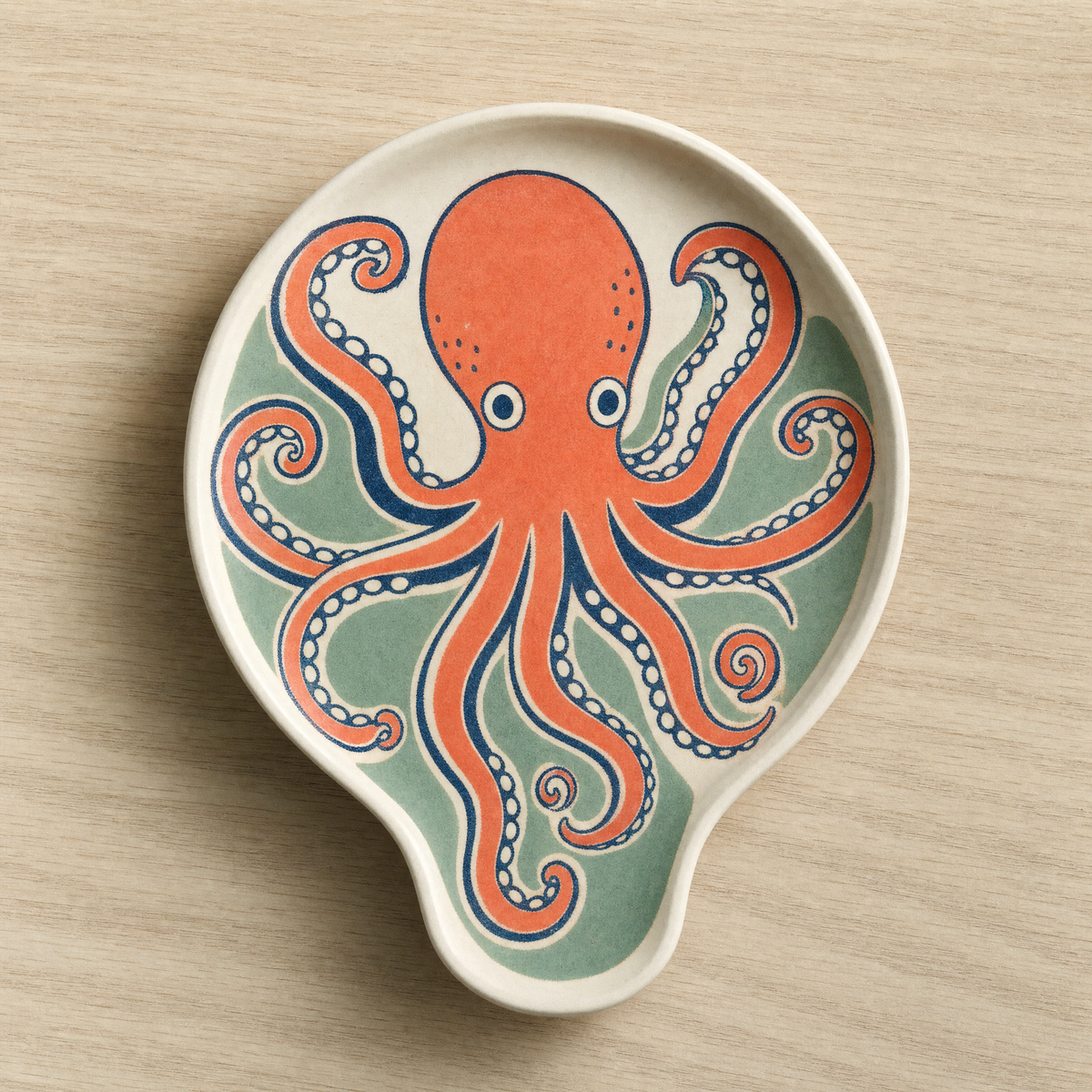 Cream ceramic spoon rest printed with a coral octopus on a sage ground