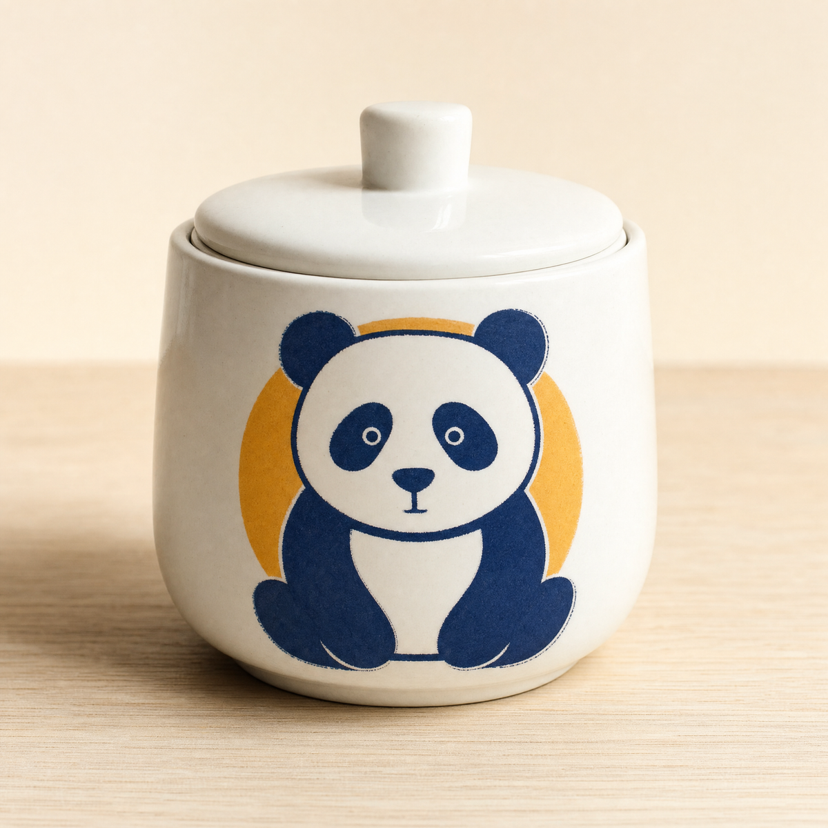 Small white ceramic sugar bowl with a lid, printed with a navy panda on an ochre disc